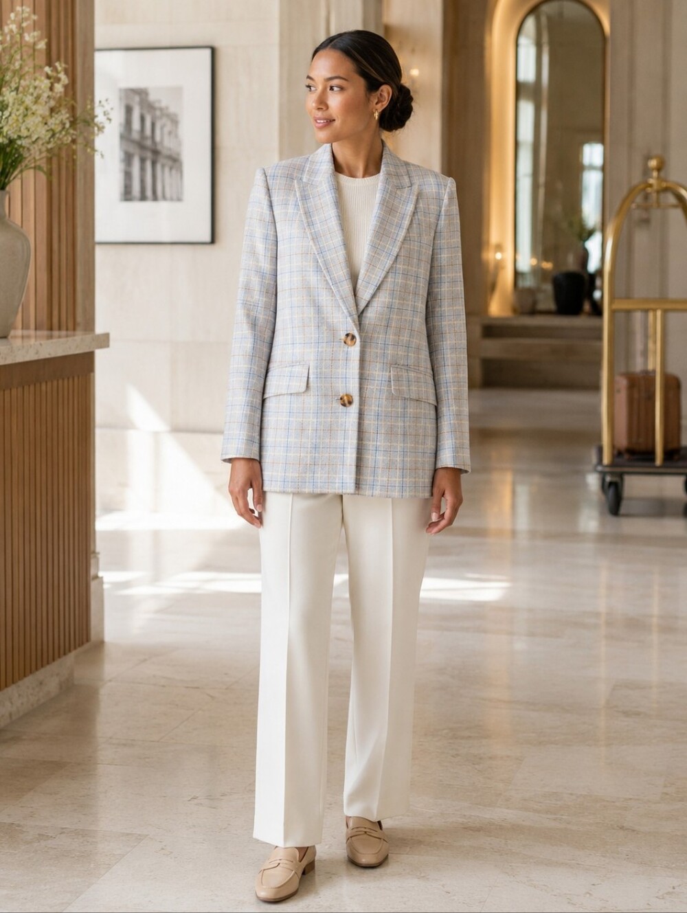 L'Académie Abigail Plaid Oversized Blazer Pale Blue Check XS